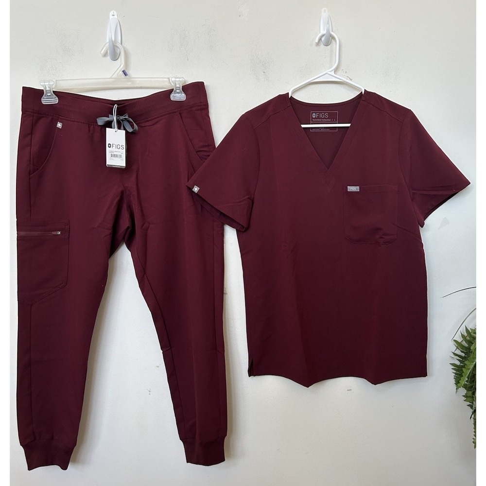 NWT FIGS Burgundy Maroon Catarina Scrub Top L Zamora Jogger Pants LP Set Medical